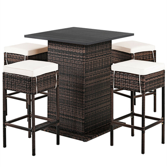 5 Piece Patio Rattan Bar Table Stool Set, Hidden Storage Shelf, White Patio Bar Furniture White at Gallery Canada