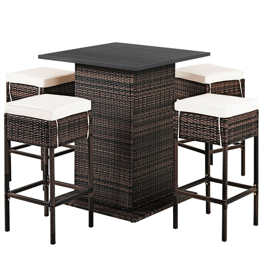 5 Pieces Patio Rattan Bar Table Stool Set Hidden Storage Shelf Cushioned, White at Gallery Canada