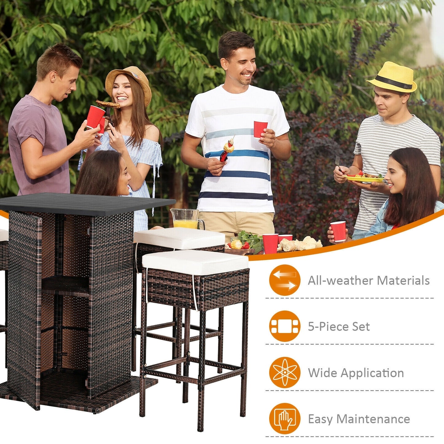 5 Pieces Patio Rattan Bar Table Stool Set Hidden Storage Shelf Cushioned, White Patio Bar Furniture at Gallery Canada
