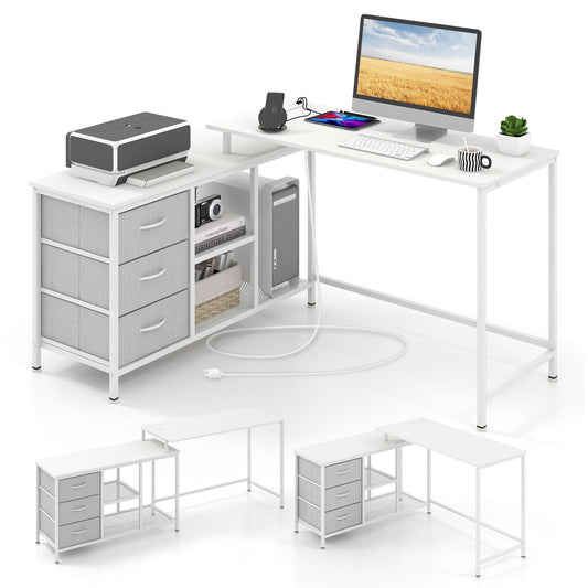 L-shaped Computer Desk with Power Outlet for Working Studying Gaming, White