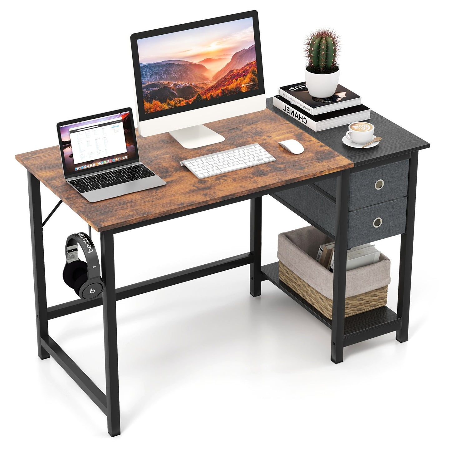 48/55-Inch Home Office Desk with 2 Drawers Hanging Hook-S, Brown