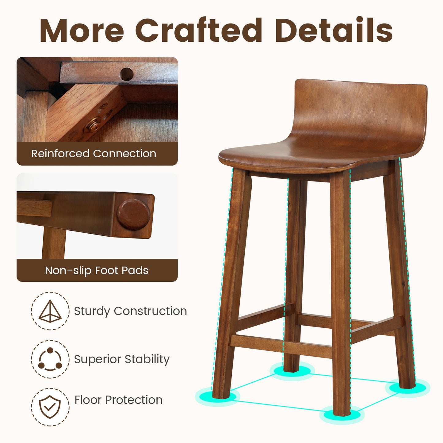 Wood Bar Stools Set of 2 with Solid Back and Seat, Brown Bar Stools at Gallery Canada