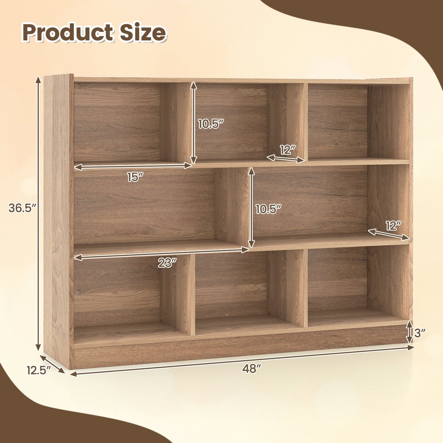 3-Tier Open Bookcase 8-Cube Floor Standing Storage Shelves, Natural