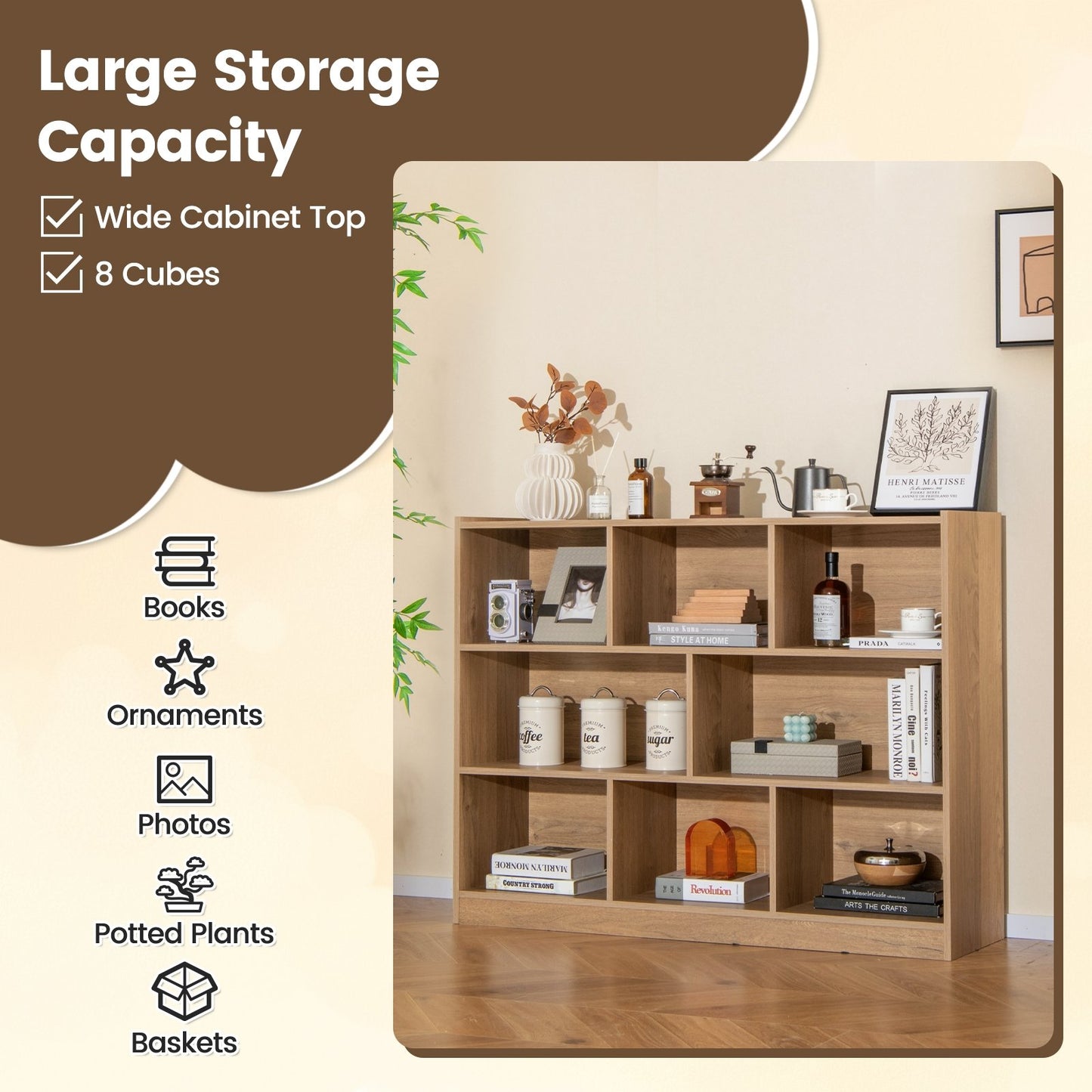 3-Tier Open Bookcase 8-Cube Floor Standing Storage Shelves, Natural