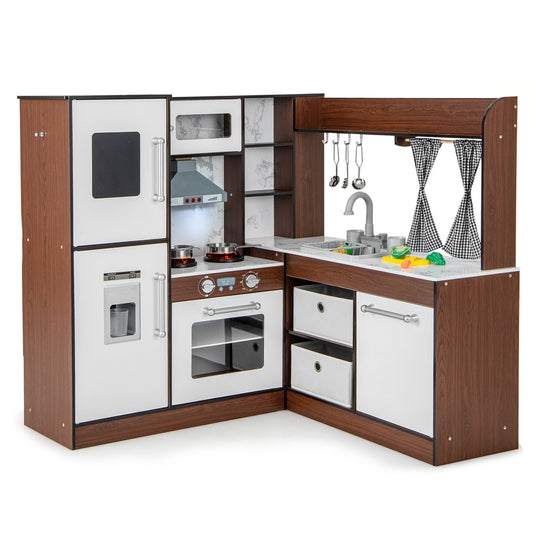 Wooden Corner Play Kitchen with Water Circulation System and Lights, Brown