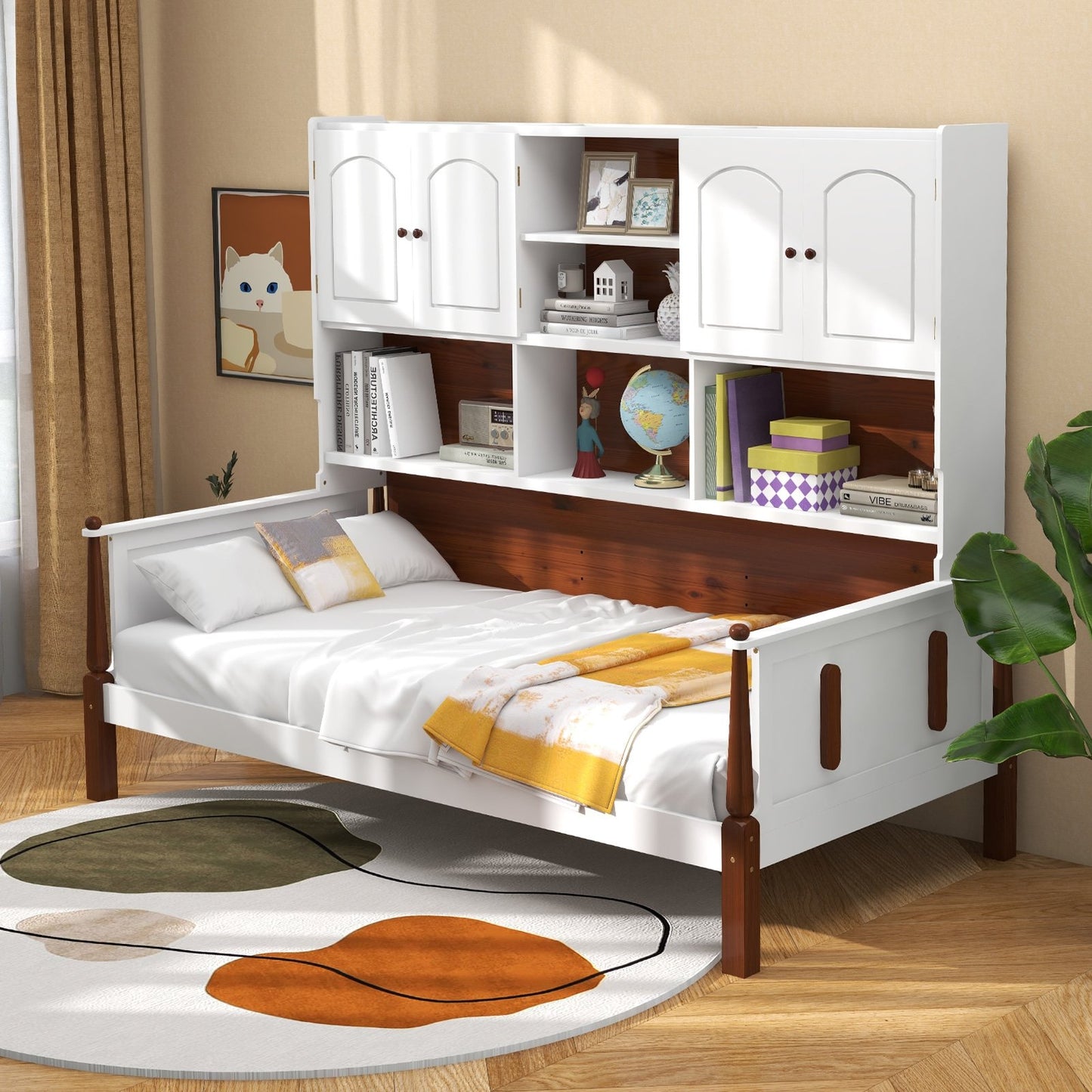 Twin Bed with Bookcase with Shelves and  Wooden Slat Support No Box Spring Needed for Living Room Bedroom, White