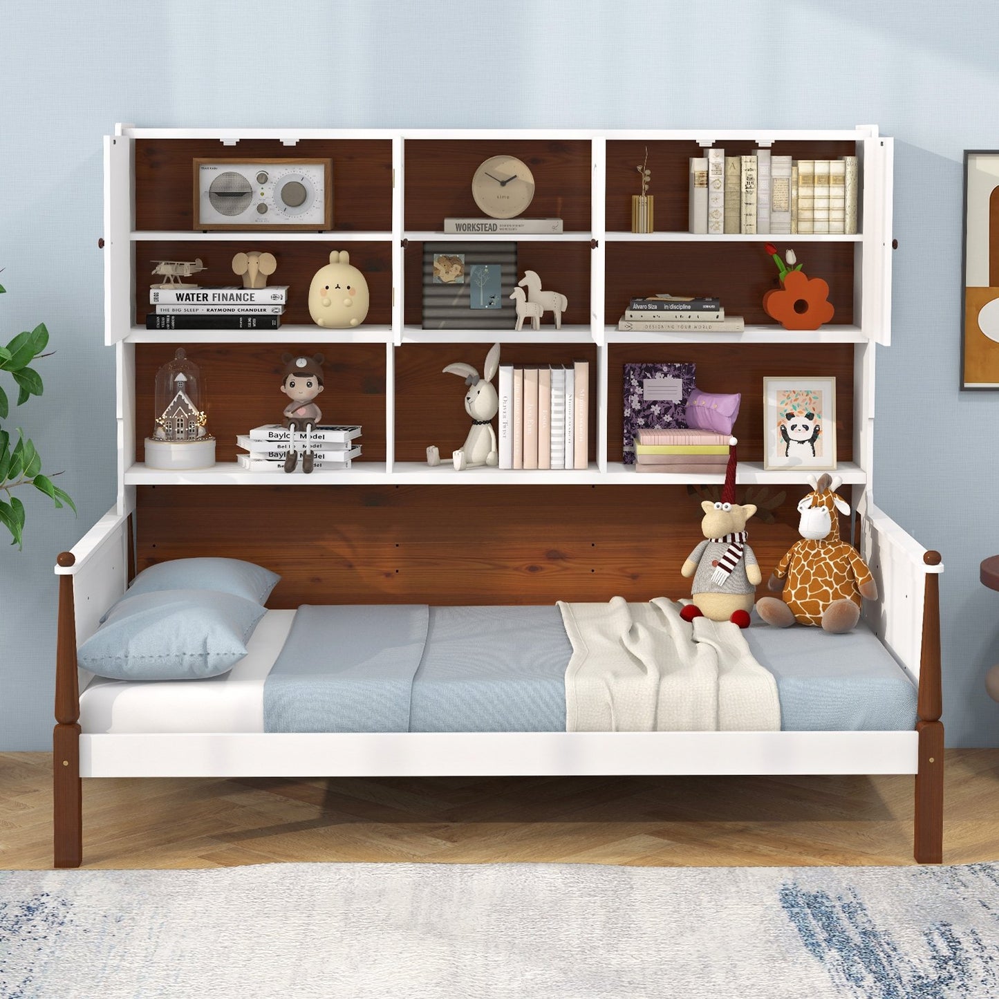Twin Bed with Bookcase with Shelves and  Wooden Slat Support No Box Spring Needed for Living Room Bedroom, White