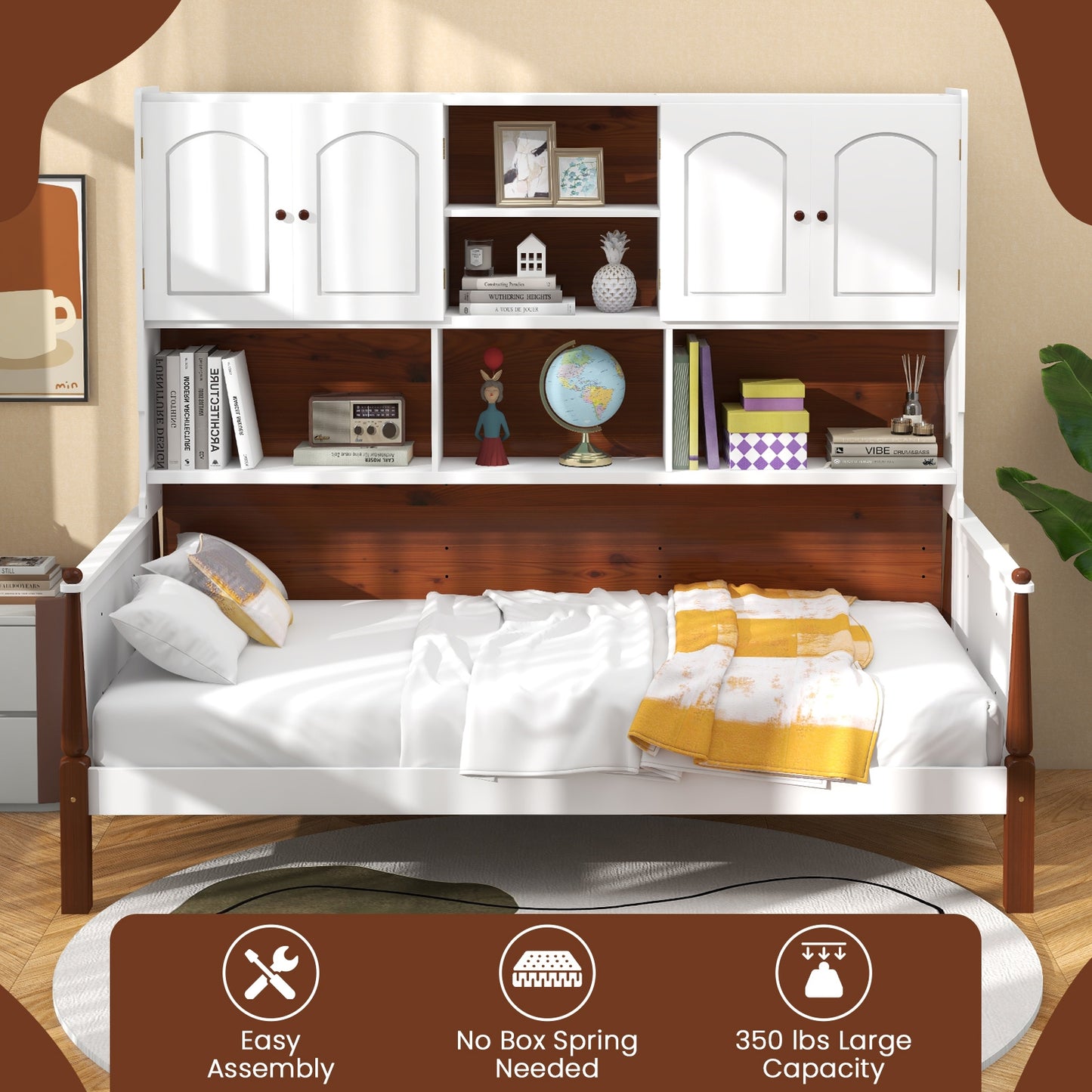 Twin Bed With Bookcase, Shelves, Wooden Slat Support, White Simple Bed Frame at Gallery Canada