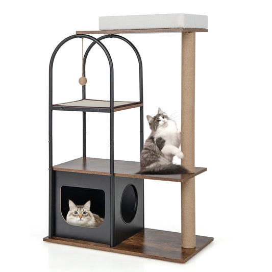 47 Inch Tall Cat Tree Tower Top Perch Cat Bed with Metal Frame, Black