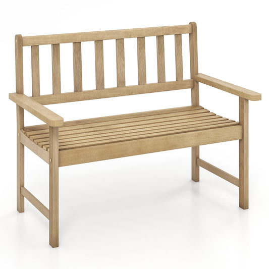 Outdoor Indonesia Teak Wood Garden Bench 2-Person with Backrest and Armrests, Natural