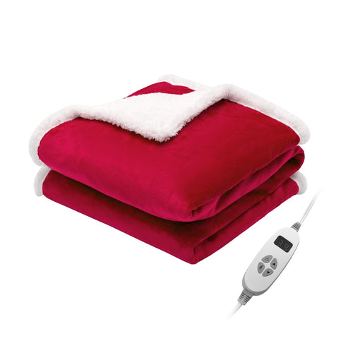 Electric Heated Blanket Throw Reversible Flannel and Sherpa Blanket, Red