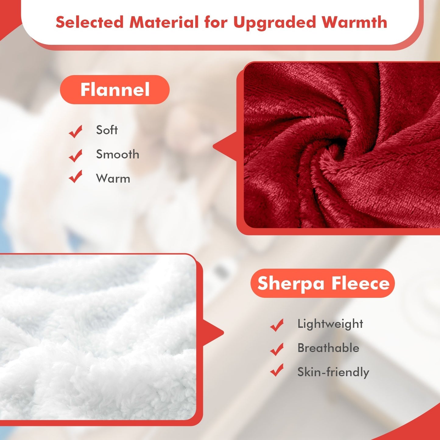 Electric Heated Blanket Throw Reversible Flannel and Sherpa Blanket, Red