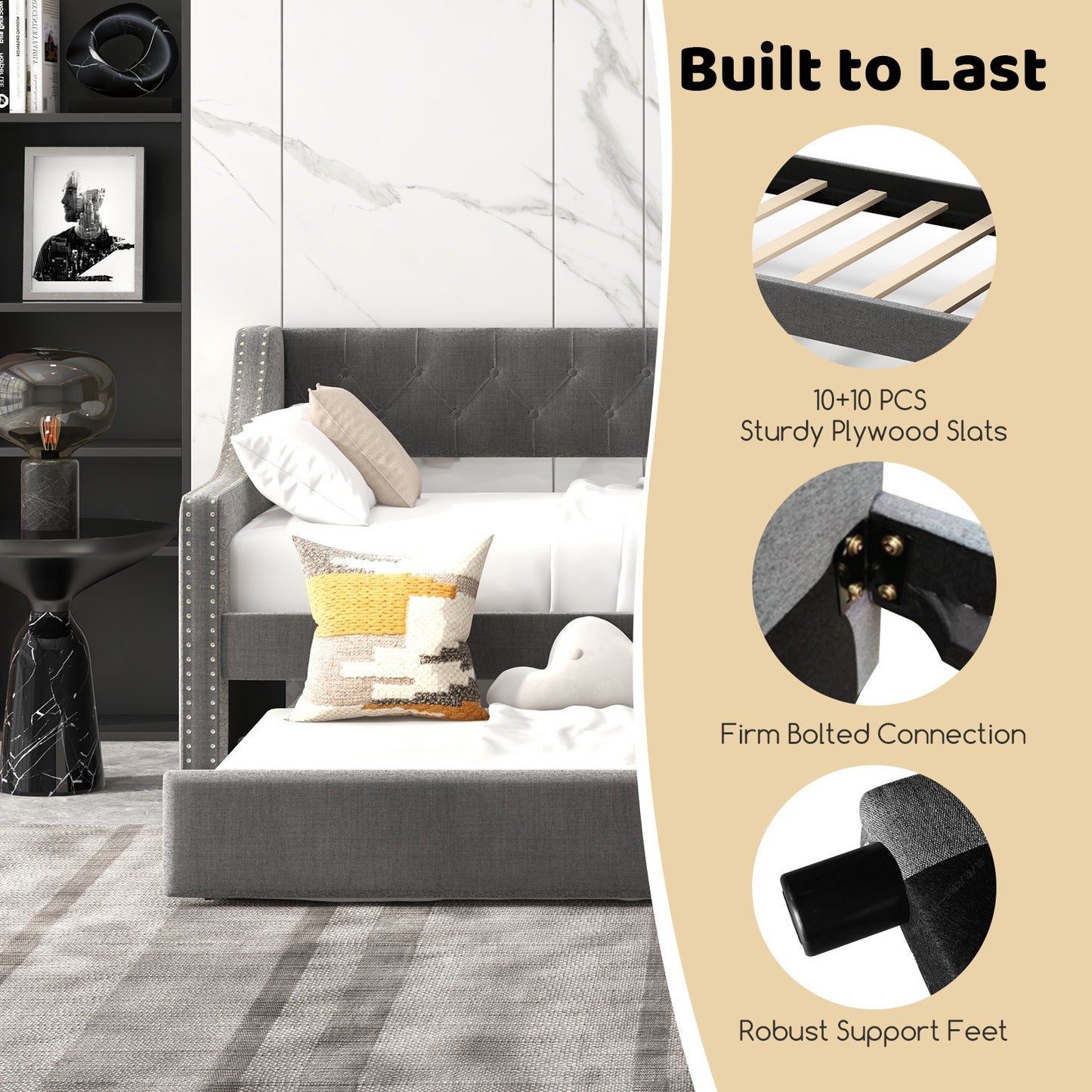 Twin Size Daybed with Trundle Sofa Bed with Curved Armrests and Backrest, Gray Trundle Bed Frame at Gallery Canada