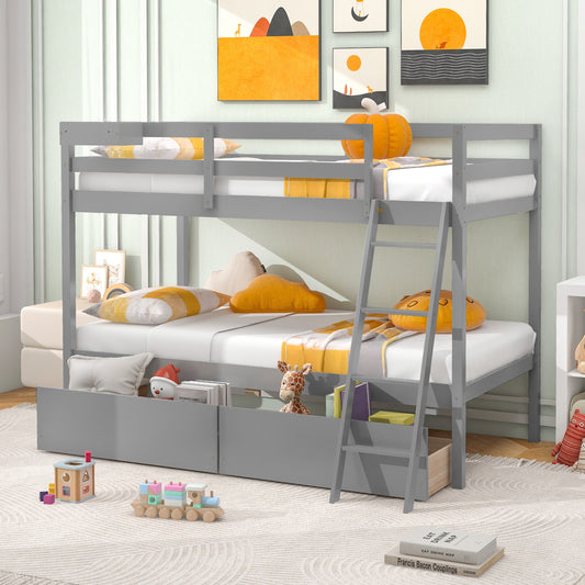 Twin Over Twin Bunk Bed, Wood Frame, 2 Storage Drawers, Ladder, Gray Bunk Bed Frame Gray at Gallery Canada