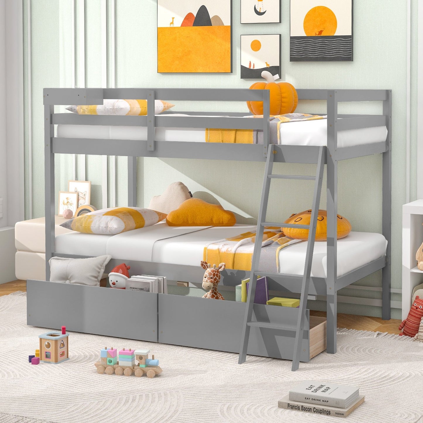 Twin Over Twin Bunk Bed Wood Bed Frame with 2 Storage Drawers and Ladder, Gray