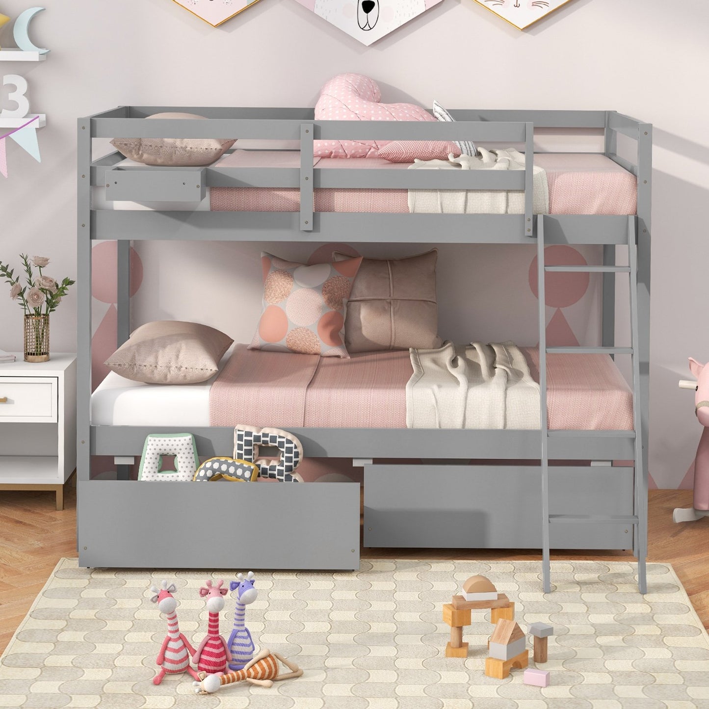 Twin Over Twin Bunk Bed Wood Bed Frame with 2 Storage Drawers and Ladder, Gray