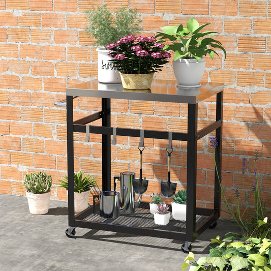 2-Tier Stainless Steel Grill Cart with 4 Hooks and Wheels BBQ Table, Black Outdoor Grills Black at Gallery Canada
