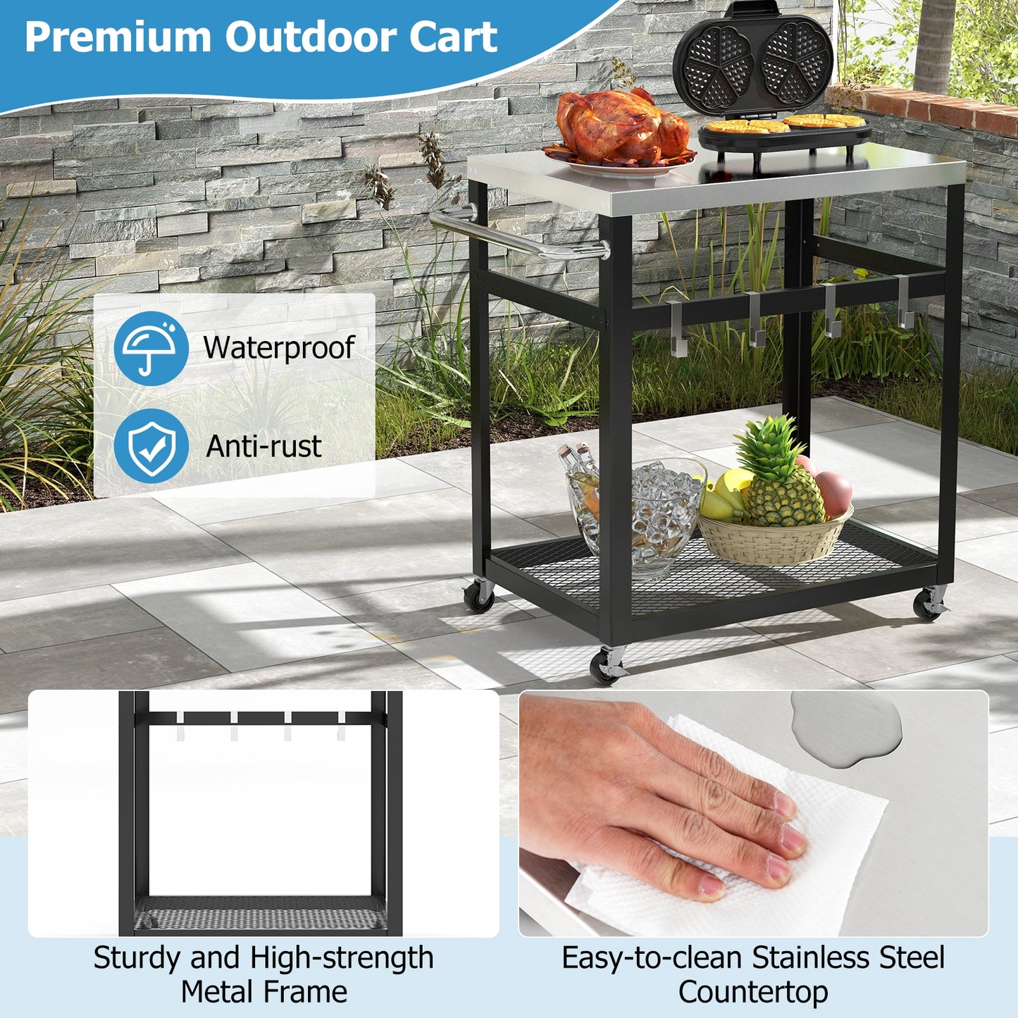 2-Tier Stainless Steel Grill Cart with 4 Hooks and Wheels BBQ Table, Black Outdoor Grills at Gallery Canada