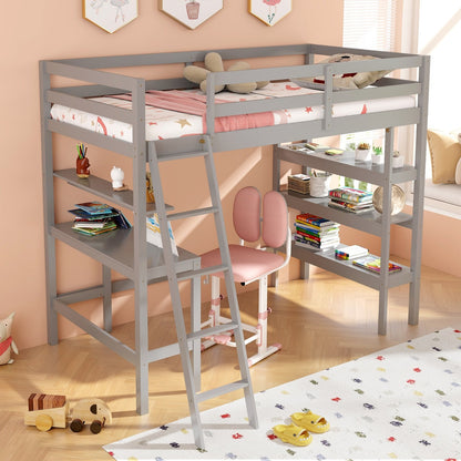 Twin Size Loft Bed with Desk and Bookshelves for Kids and Teens, Gray
