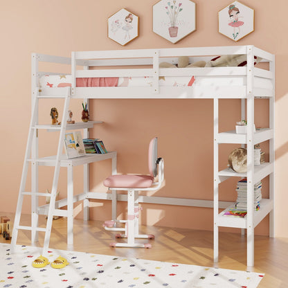 Twin Size Loft Bed with Desk and Bookshelves for Kids and Teens, White