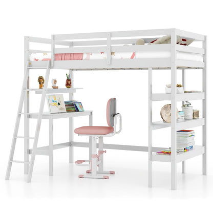 Twin Size Loft Bed with Desk and Bookshelves for Kids and Teens, White