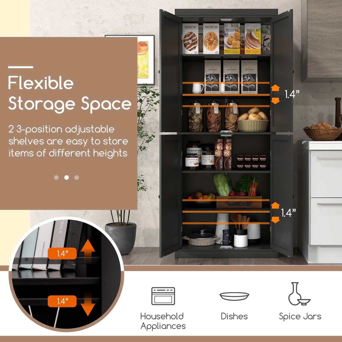 72.5 Inches Tall Buffet Cabinet, 6-Tier Shelves, 4 Doors, Black Sideboards Cabinets & Buffets at Gallery Canada