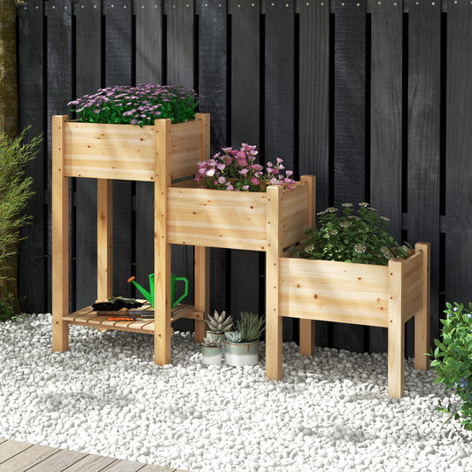 3-Tier Wooden Raised Garden Bed, Open Storage Shelf, Natural