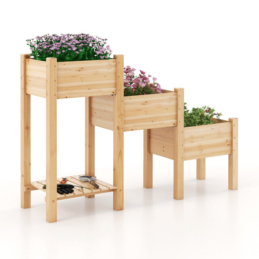 3-Tier Wooden Raised Garden Bed with Open Storage Shelf, Natural