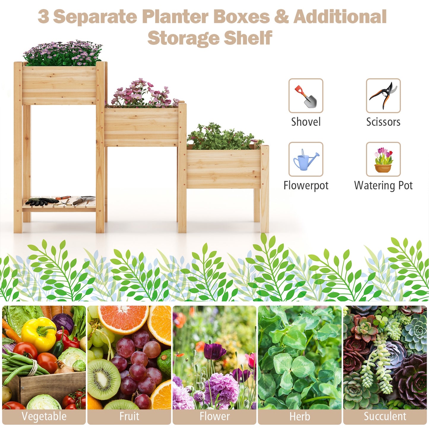 3-Tier Wooden Raised Garden Bed, Open Storage Shelf, Natural Raised Garden Beds at Gallery Canada