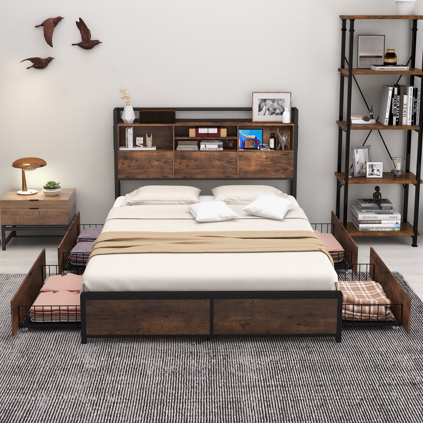 Full/Queen Size Bed Frame with Bookcase Headboard and 4 Storage Drawers-Queen Size, Rustic Brown