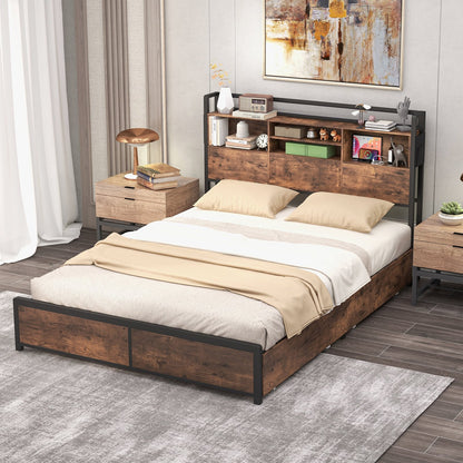 Full/Queen Size Bed Frame with Bookcase Headboard and 4 Storage Drawers-Queen Size, Rustic Brown
