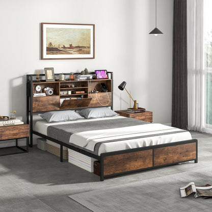 Full/Queen Size Bed Frame with 3-Tier Bookcase Headboard and Charging Station-Queen Size, Rustic Brown