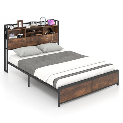 Full/Queen Size Bed Frame with 3-Tier Bookcase Headboard and Charging Station-Queen Size, Rustic Brown