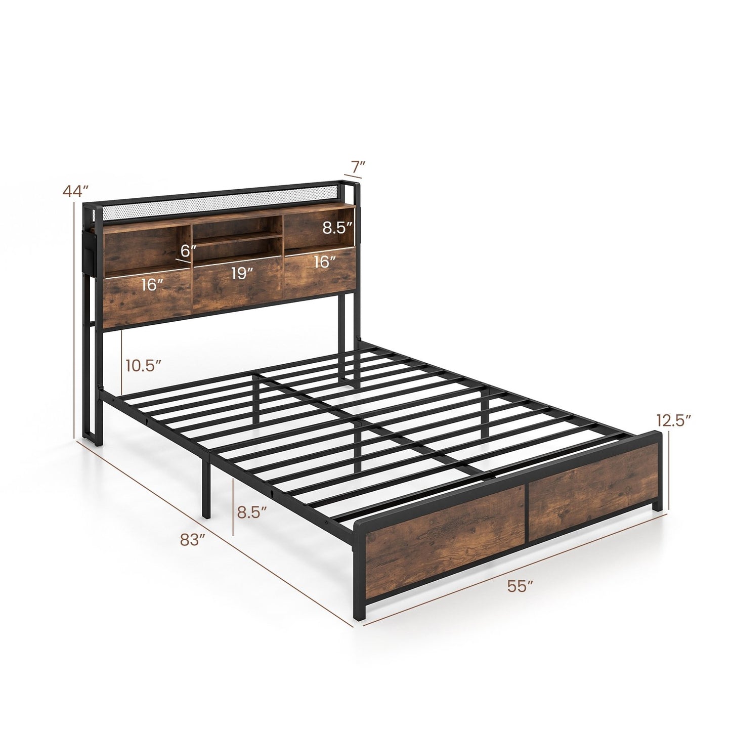 Full/Queen Size Bed Frame with 3-Tier Bookcase Headboard and Charging Station-Full Size, Rustic Brown