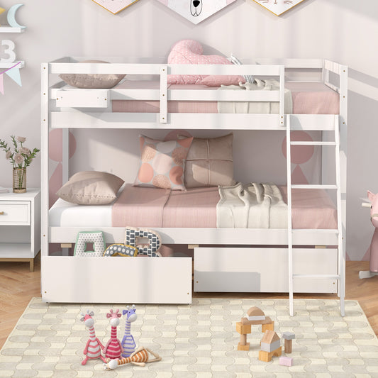 Twin Over Twin Bunk Bed, Wood Frame, 2 Storage Drawers, Ladder, White Bunk Bed Frame White at Gallery Canada