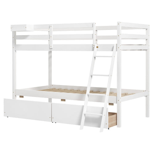 Twin Over Twin Bunk Bed Wood Bed Frame with 2 Storage Drawers and Ladder, White
