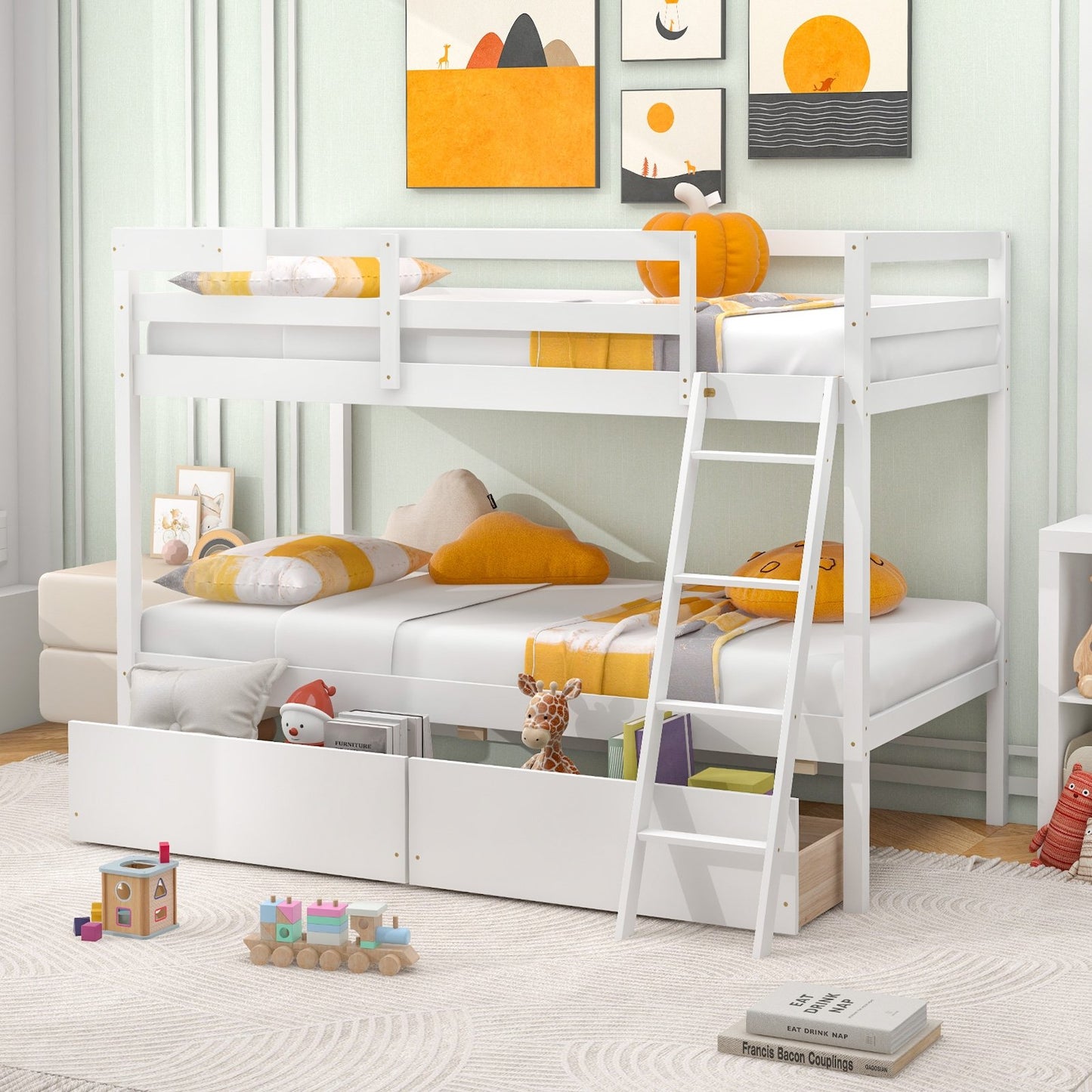 Twin Over Twin Bunk Bed Wood Bed Frame with 2 Storage Drawers and Ladder, White