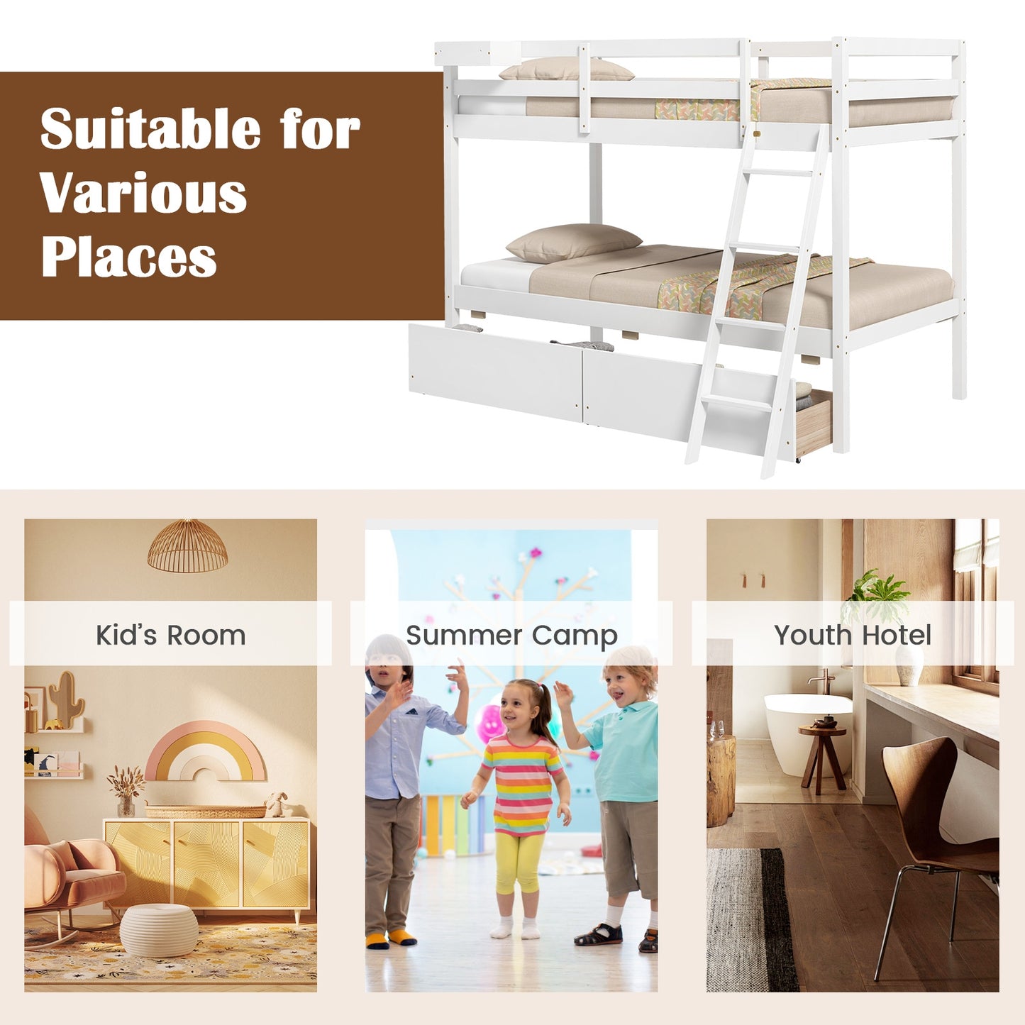 Twin Over Twin Bunk Bed, Wood Frame, 2 Storage Drawers, Ladder, White Bunk Bed Frame at Gallery Canada
