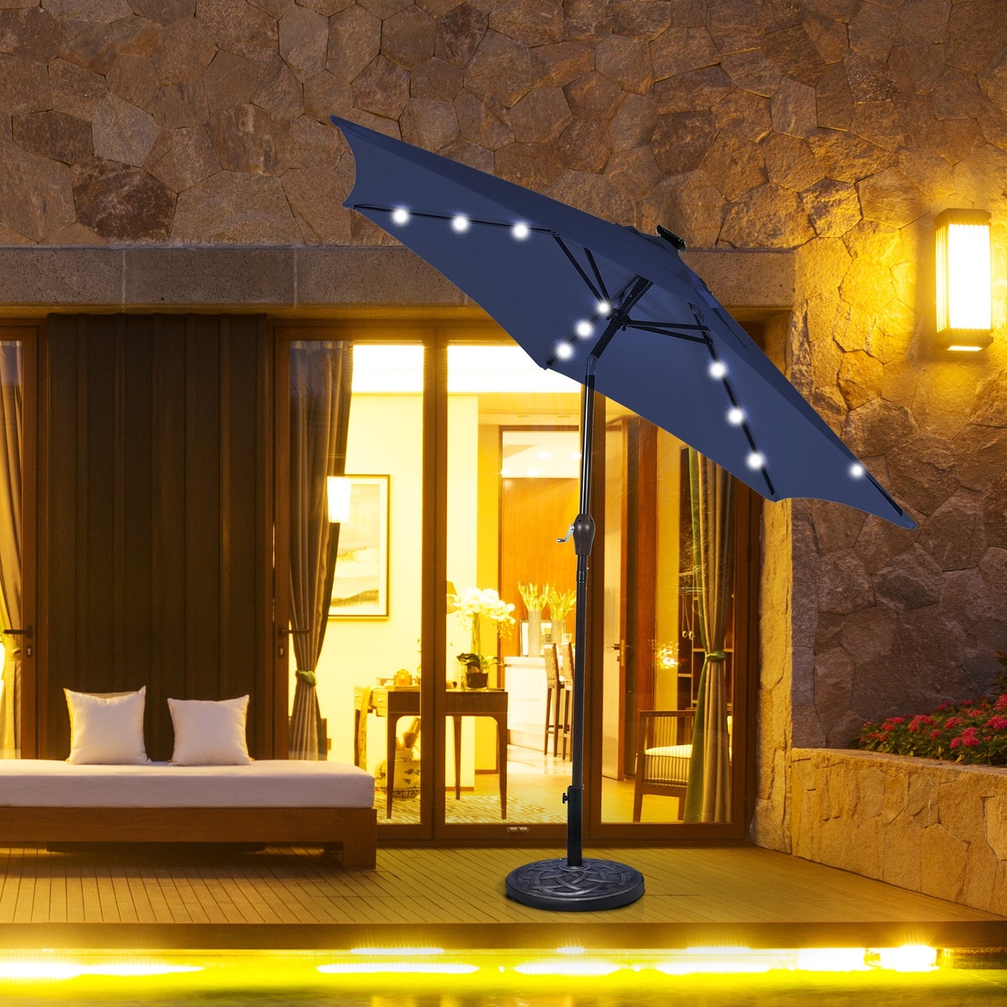 10 Feet Outdoor Patio Umbrella With Solar LED Lights, Dark Blue Outdoor Umbrellas at Gallery Canada