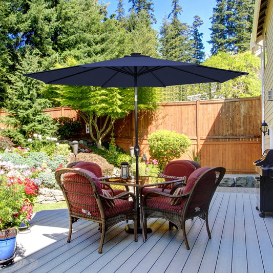 9 Feet Solar LED Patio Umbrella, Tilt Crank Lift, Dark Blue Outdoor Umbrellas Dark Blue at Gallery Canada