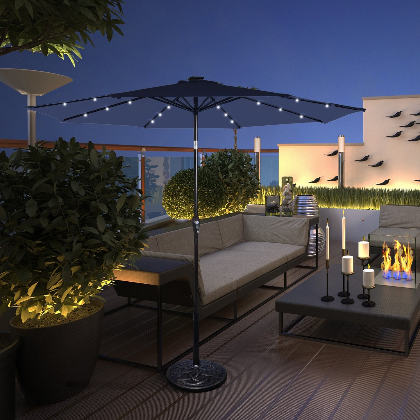 9 Feet Solar LED Patio Umbrella, Tilt Crank Lift, Dark Blue