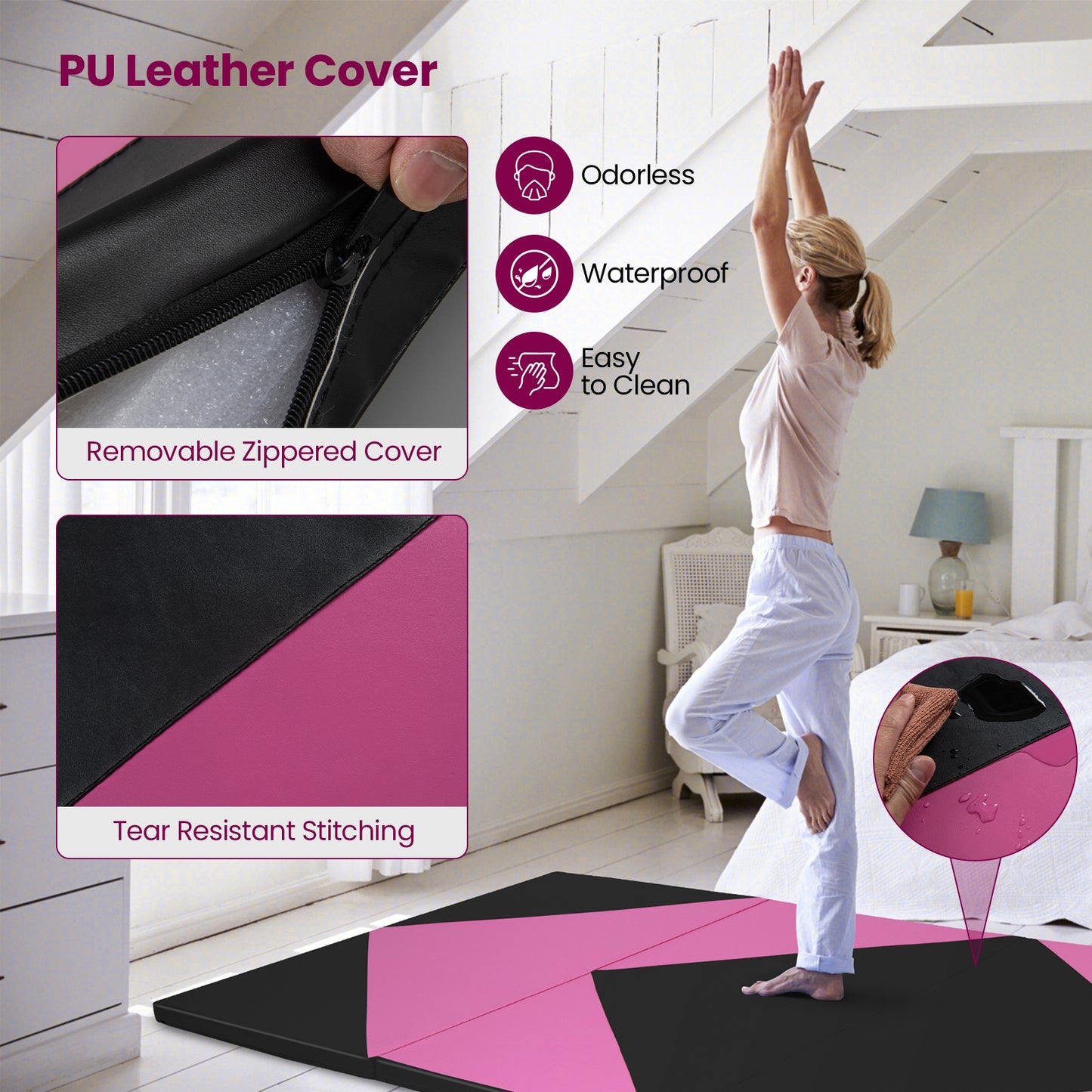 4-Panel PU Leather Folding Exercise Gym Mat, Pink, Black Yoga & Gym Mats at Gallery Canada
