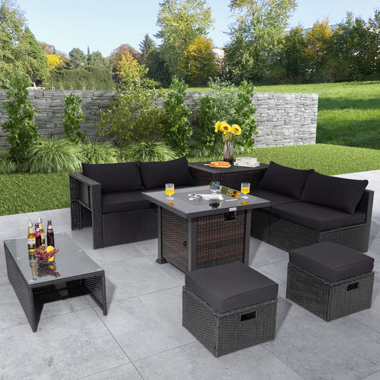 9 Piece Patio Set, 32" Fire Pit Table, 50000 BTU Square Propane, Black