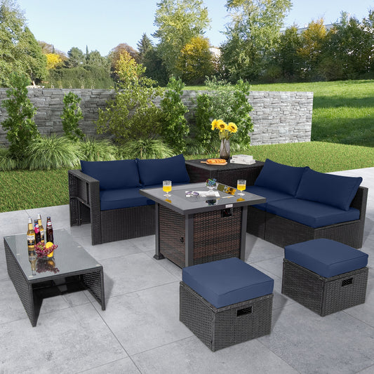 9 Pieces Patio Furniture Set with 32” Fire Pit Table and 50000 BTU Square Propane Fire Pit, Navy Outdoor Seating & Patio Chairs Navy at Gallery Canada