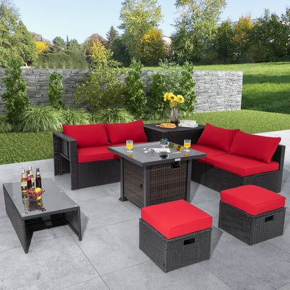 9 Pieces Patio Furniture Set with 32” Fire Pit Table and 50000 BTU Square Propane Fire Pit, Red