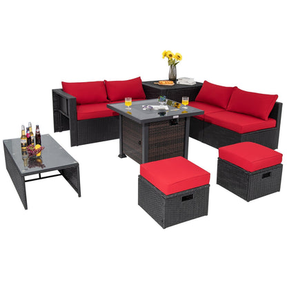 9 Pieces Patio Furniture Set with 32” Fire Pit Table and 50000 BTU Square Propane Fire Pit, Red