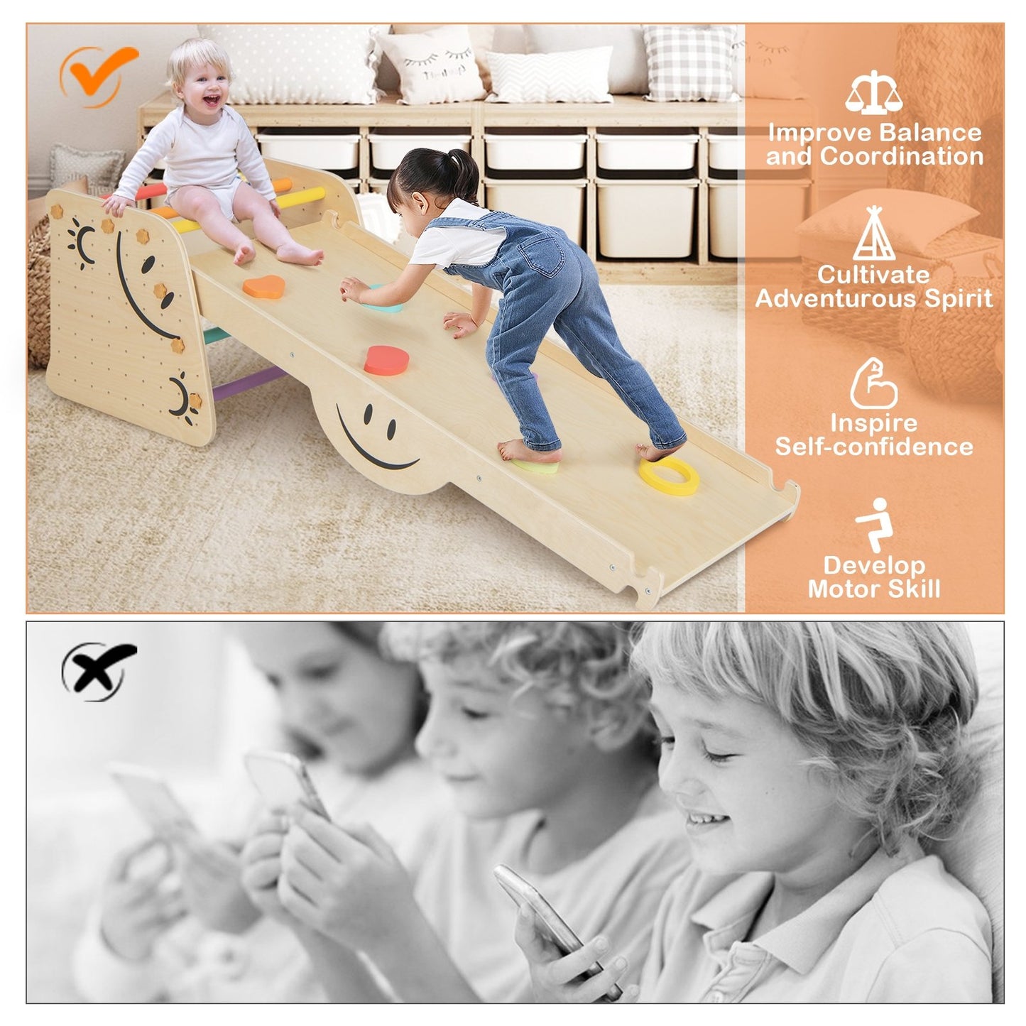 Wooden Climbing Toy Triangle Climber Set with Seesaw, Multicolor
