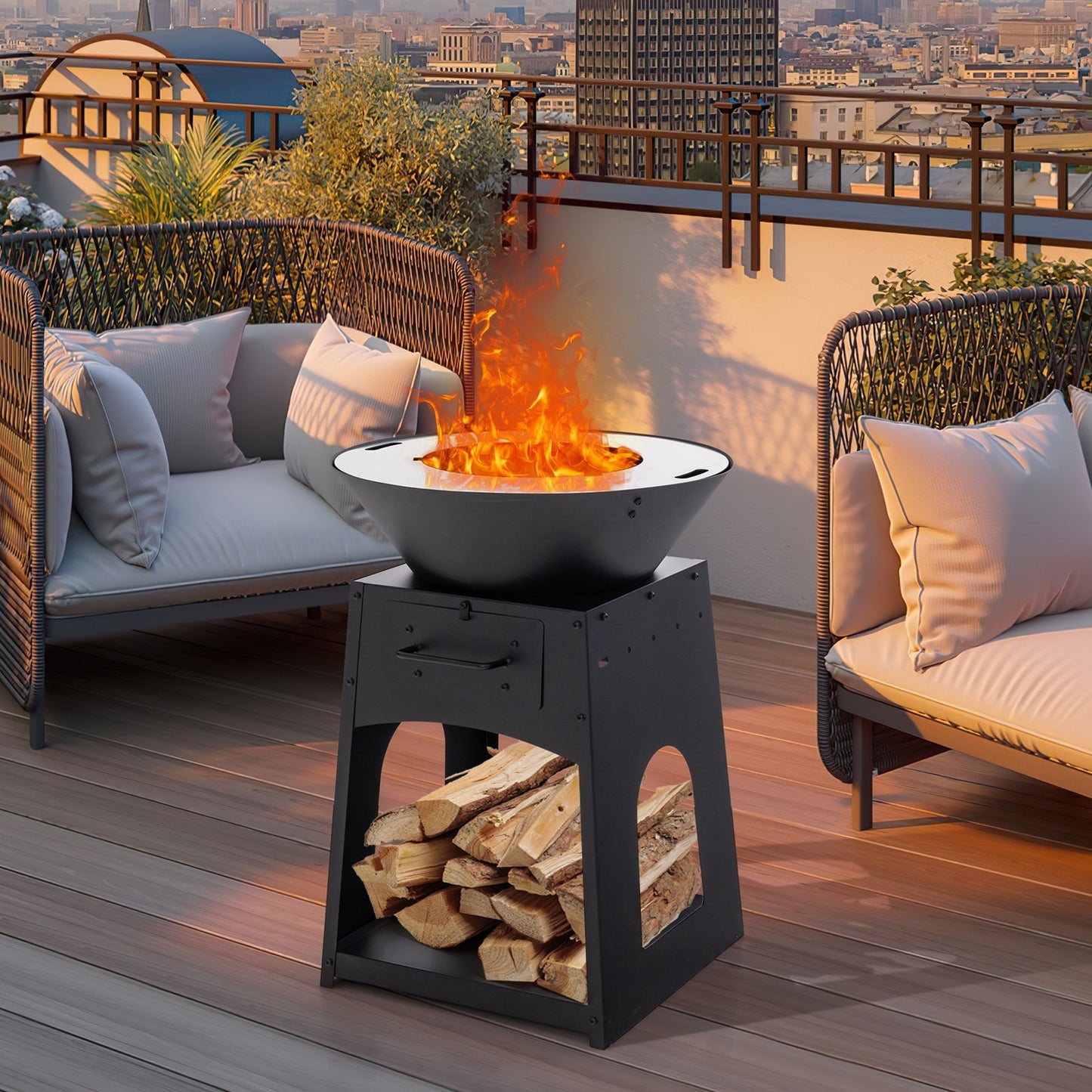 Patio Fire Pit with Firewood Log Rack with Grill and Ash Box, Black