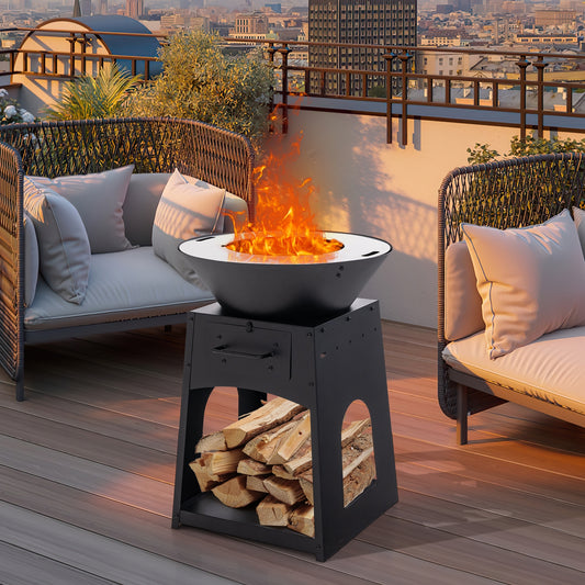 Patio Fire Pit With Firewood Log Rack, Grill, Ash Box, Black