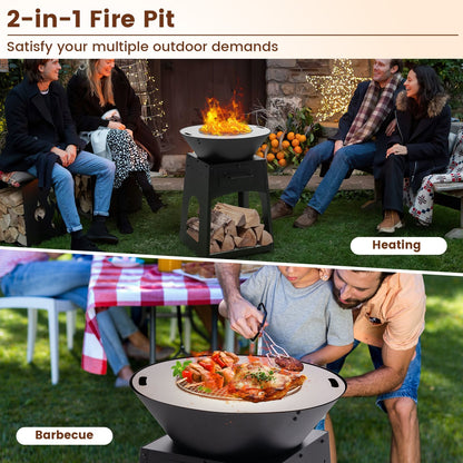 Patio Fire Pit with Firewood Log Rack with Grill and Ash Box, Black